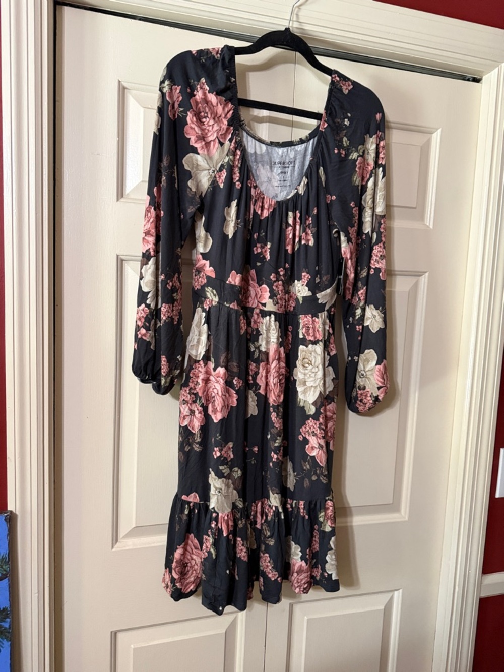 torrid Black Floral Long-Sleeve Midi Dress with Pink and Cream Blooms